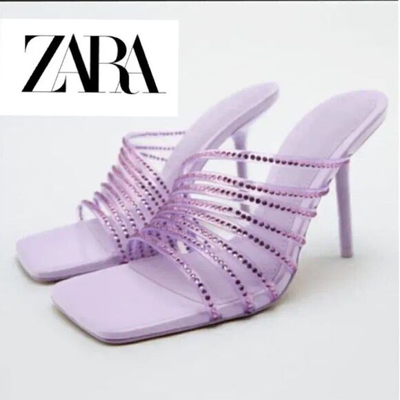 Zara Vinyl Purple Mauve Rhinestone Squared Toe High Heels Sandals Shoes - Picture 1 of 11